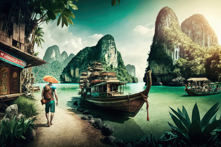 Thailand Travel Illustration, Thailand Tourism Concept, Skylines, Landmarks, Architecture Attraction, Bangkok Silhouette, Graphic Art, Drawing Imitation, Abstract AI Generative Contentの素材