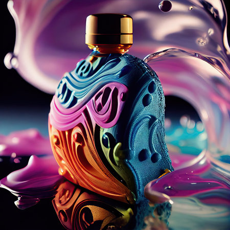 Perfume Bottle on Silk Wavy Background, Perfume Product Advertising, Luxury Perfumery Poster, Perfume Bottle, Abstract Generative AI Illustrationの素材