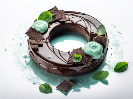 Mint Chocolate Cake, Round Glazed Dessert, Delicious Shining Truffle Torte, Cocoa Cakes on White Background, Abstract Generative AI Illustrationの素材