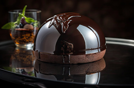 Chocolate Cake, Round Glazed Dessert, Delicious Shining Truffle Torte, Cocoa Cakes on Dark Background, Abstract Generative AI Illustrationの素材