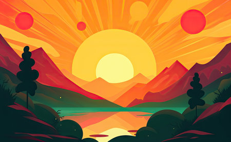 Sunrise Landscape Flat Illustration, Color Dawn in Mountains, Sunset Sun Beams Landscape Flat-Design, Sunrise Drawing Imitation, Abstract Generative AI Illustrationの素材