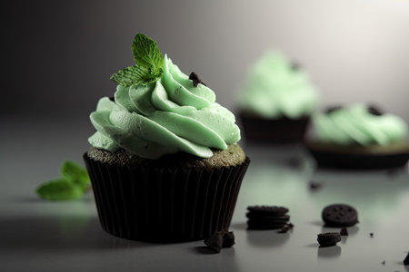 Green Cupcake, Color Mint Cup Cake, Delicious Cupcakes on Dark Background, Abstract Generative AI Illustrationの素材
