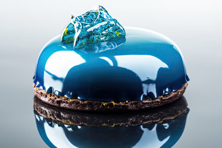 Blue Cake, Color Round Glazed Dessert, Delicious Shining Blueberries Cakes on White Background, Abstract Generative AI Illustrationの素材