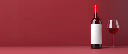Red Wine Bottle Mockup with Glass, Wineglass, Red Drink with Copy Space, Dry Red Wine, Abstract Generative AI Illustrationの素材