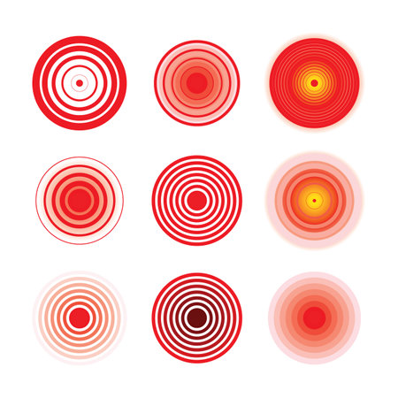 Pain Icon, Painful Spot Mark, Ache Symbol, Inflammation Painkiller Target, Pain Pointing Sign, Red Circle Illness Location, Vector Illustrationのイラスト素材