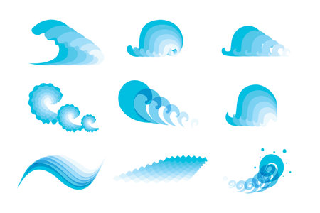 Sea Wave Icon, Blue Water Symbol, Surfing Sign, Ocean Ripple Isolated, river Oceanic Flowing Sign, Bending Lines, Sea Wave Vector Illustrationのイラスト素材