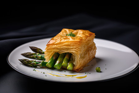 Asparagus Puff Pastry, Baked Vegetable Pastries, Vegetarian Pie, Baking Asparagus Tart Meal, Abstract Generative AI Illustrationの素材