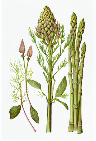 Asparagus, or Garden Asparagus, Sparrow Grass Botanical Illustration, Asparagus Officinalis Drawing Imitation, Abstract Generative AI Illustrationの素材
