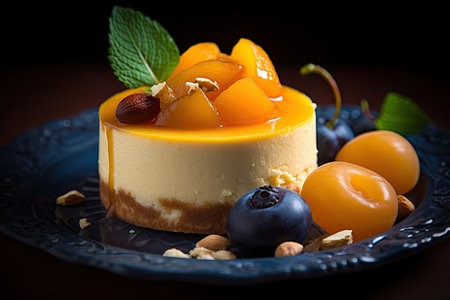 Apricot Cheesecake, Cheesecake Pastry, Peach Cream Cheese Dessert with Orange Fruits, Abstract Generative AI Illustrationの素材