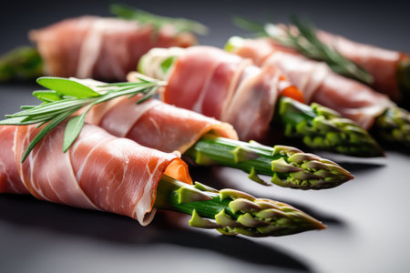 Asparagus Wrapped with Ham, Gourmet Bacon Appetizer, Asparagus Rolled with Prosciutto Abstract Generative AI Illustrationの素材