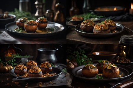 Baked Mushrooms Collage, Stuffed Champignons, Grilled Portobello, Baked Mushrooms on Dark Background, Abstract Generative AI Illustrationの素材