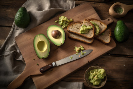 Avocado Toast, Green Healthy Vegetable Lunch, Avocado on Bread on Dark Background, Abstract Generative AI Illustrationの素材