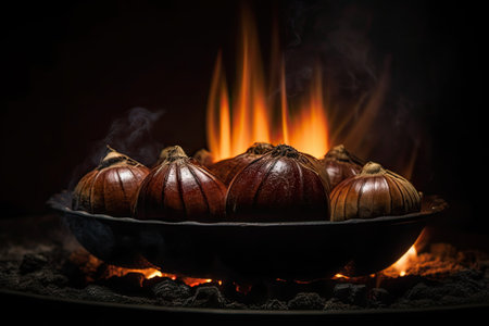 Baking Chestnuts, Autumn Edible Chestnuts in Fire, Roasted Chestnut, Grilled Marroni Abstract Generative Ai Illustrationの素材