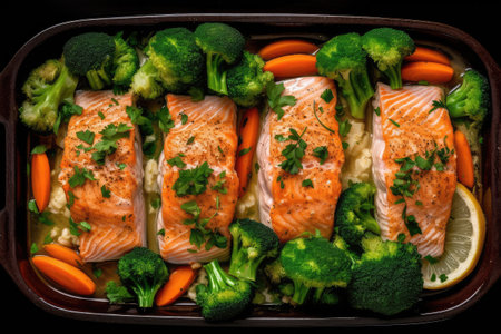 Baked Salmon Fillet, Red Fish Steak, Roasted Seafood Steak, Baked Salmon Portion Top View, Abstract Generative AI Illustrationの素材