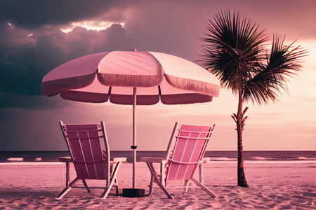 Two Sun Loungers, Beautiful Sunset on The Beach, Palm Trees, Summer Paradise Abstract Generative AI Illustrationの素材