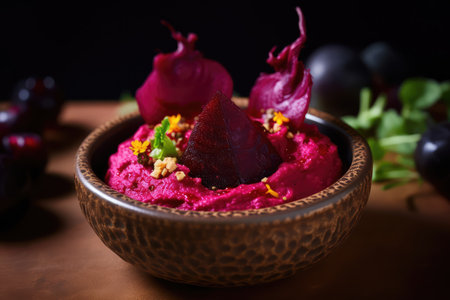 Beetroot Hummus, Chickpea Beet Root Puree, Sesame Cream Spread, Beetroot Hummus, Abstract Generative AI Illustrationの素材