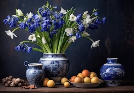 Flower Still Life Bouquet in Vintage Vase, Blue White Flowers, Ancient Dutch Masters Painting Oil Canvas Imitation, Abstract Generative AI Illustrationの素材
