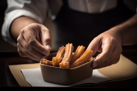 Churro Sticks in Hand, Churros Pastry, Fried Spanish Dessert, Churro Sticks Closeup, Abstract Generative Ai Illustrationの素材