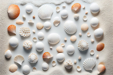 Sea Shell Texture Background, Colorful Seashell Pattern, Sea Shells on White Sand with Copy Space Drawing Imitation, Abstract Generative AI Illustrationの素材