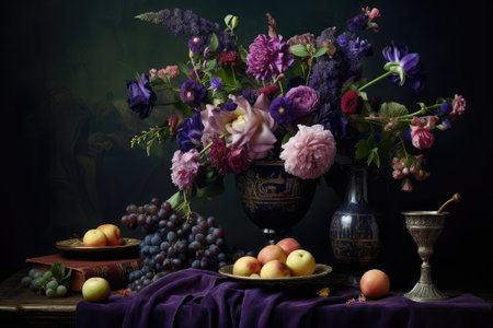 Flower Still Life Bouquet in Vintage Vase, Dark Violet Flowers, Ancient Dutch Masters Painting Oil Canvas Imitation, Abstract Generative AI Illustrationの素材