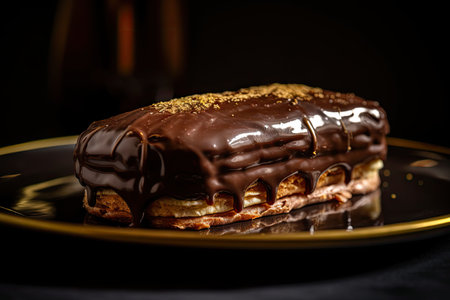 Chocolate Eclair Cake, Delicious Delicious Dessert, Cocoa Mirror Glazed Eclair on Dark Background, Abstract Generative AI Illustrationの素材