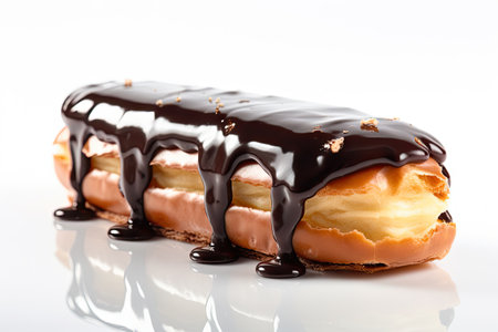 Chocolate Eclair Cake Isolated, Delicious Dessert, Cocoa Mirror Glazed Eclair on White Background, Abstract Generative AI Illustrationの素材