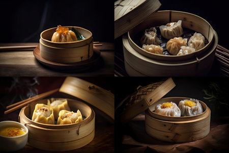 Dim Sum Dumplings, Steamed Chinese Buns, Dumplings Jiaozi, Dimsum, Momo or Ha Gao on Dark Background, Abstract Generative AI Illustrationの素材