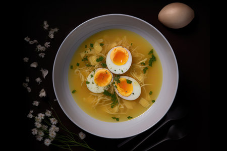 Egg Soup, Chicken Eggs Soup Bowl Closeup, Abstract Generative AI Illustration, Dark Backgroundの素材
