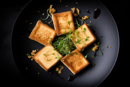 Stir Fried Tofu, Healthy Vegan Chinese Food, Diced Fry Tofu Cubes on Dark Background Toop View, Abstract Generative AI Illustrationの素材