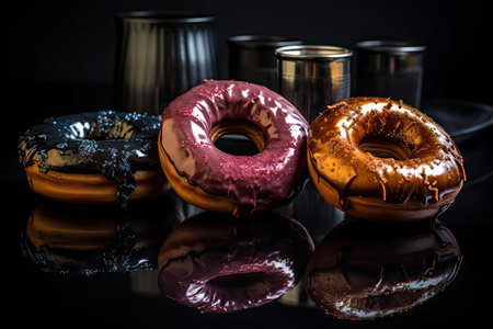Rainbow Glazed Donut, Sweet Fruit Donut Cake, Berries Donut Dessert on a Dark Background, Abstract Generative AI Illustrationの素材