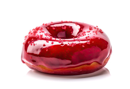 Red Glazed Donut Isolated, Sweet Fruit Donut Cake, Berries Donut Dessert on a White Background, Abstract Generative AI Illustrationの素材
