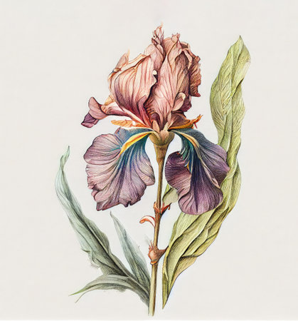 Iris Flower Botanical Illustration, Blue Spring Flowers Realistic Painting, Iris Drawing Imitation, Abstract Generative AI Illustrationの素材
