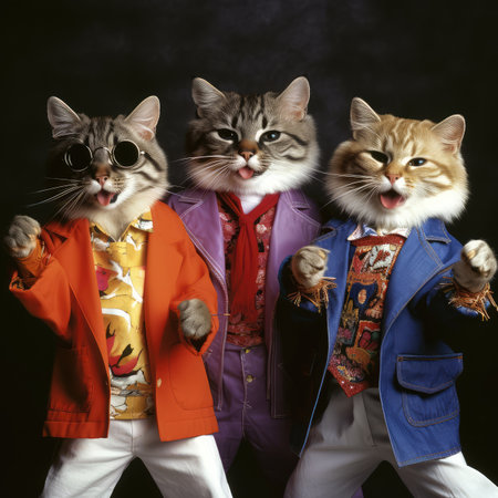 Singing Cats, Disco of 80s, Concert of 90s, Karaoke with Kittens, Cat Disco, Funny Kitten Singer, Abstract Generative AI Illustrationの素材