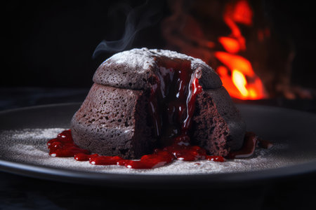Lava Cake, Molten Chocolate Fondant, Warm Chocolate Dessert, Fresh Lava Cake on Dark Background, Abstract Generative AI Illustrationの素材