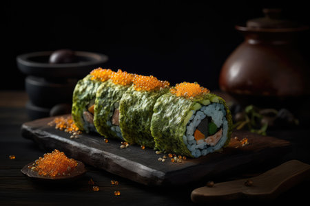 Red Caviar Sushi Rolls, Traditional Japanese Susi, Caviar Sushi Set on Dark Background, Abstract Generative AI Illustrationの素材