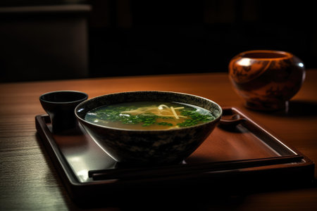Miso Soup, Traditional Japanese Breakfast, Miso Soup Bowl on Dark Background, Abstract Generative AI Illustrationの素材