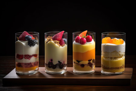 Parfait Dessert, Fruit Yogurt Breakfast in Glass, Sweet Strawberry Cream Parfait on Dark Background, Abstract Generative AI Illustrationの素材