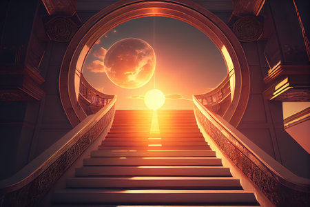 Heaven Stairs, Road to Light, Paradise Sky, Afterlife Way Drawing Imitation, Steps to Heaven Abstract Generative Ai Illustrationの素材