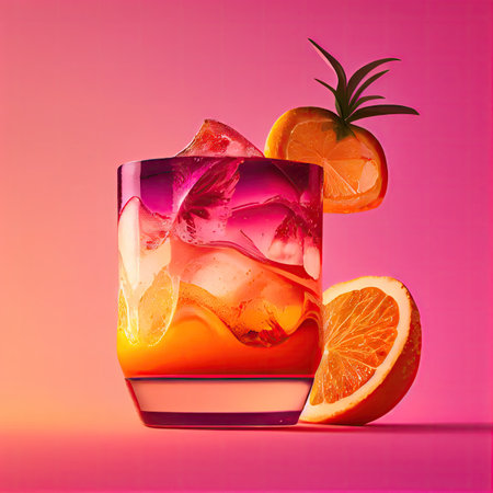 Tequila Sunrise Margarita Cocktail on Pink Background, Tropical Mocktail, Beach Party Coctail, Summer Bar Drink Drawing Imitation, Abstract Generative AI Illustrationの素材