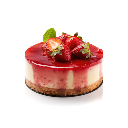 Strawberry Cake Isolated, Cheesecake Pastry, Cream Cheese Dessert, Strawberry Cheese Cake on White Background, Abstract Generative AI Illustrationの素材