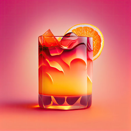 Tequila Sunrise Margarita Cocktail on Pink Background, Tropical Mocktail, Beach Party Coctail, Summer Bar Drink Drawing Imitation, Abstract Generative AI Illustrationの素材