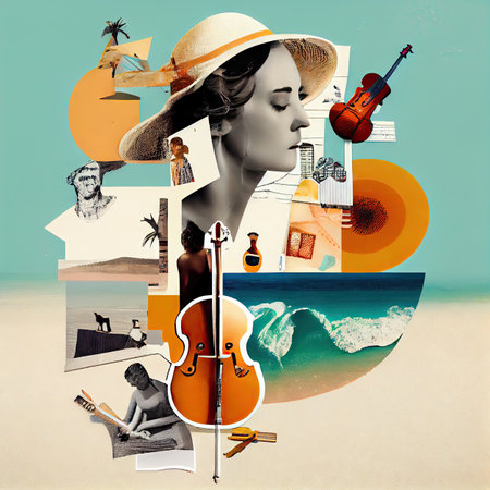 Summer Music Collage, Surreal Trendy Contemporary Poster, Fall Music Concept, Drawing Imitation, Abstract Generative AI Illustrationの素材
