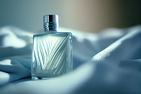 Perfume Bottle on Silk Wavy Background, Perfume Product Advertising, Luxury Perfumery Poster, Perfume Bottle, Abstract Generative AI Illustrationの素材