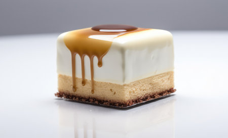 Beige Cake Isolated, Square Color Glazed Dessert, Delicious Shining Caramel Fruit Cakes on White Background, Abstract Generative AI Illustrationの素材