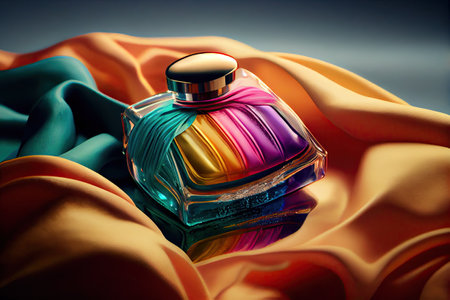Perfume Bottle on Silk Wavy Background, Perfume Product Advertising, Luxury Perfumery Poster, Perfume Bottle, Abstract Generative AI Illustrationの素材