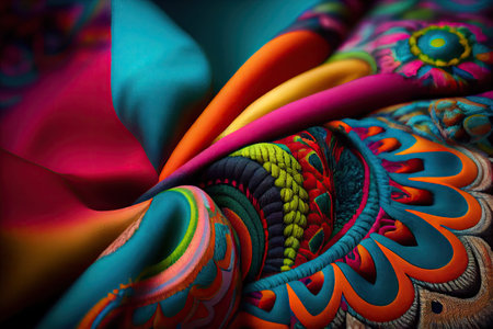 Colorful Textile Background, Vivid Wave Fabric Textured Pattern, Ethnic Wavy Textile Drawing Imitation, Abstract Generative AI Illustrationの素材