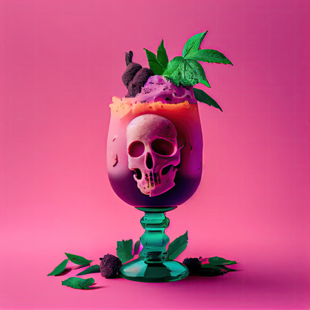 Zombie Tiki Cocktail on Pink Background, Tropical Mocktail with Skull, Halloween Party Cocktail, Autumn Bar Drink Drawing Imitation, Abstract Generative AI Illustrationの素材
