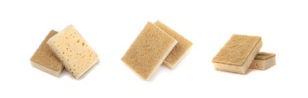 Natural Sponge Isolated, Eco Brown Sponges, Eco Friendly Hygiene Accessory, Scotch Brite Dishwasher on White Backgroundの写真素材