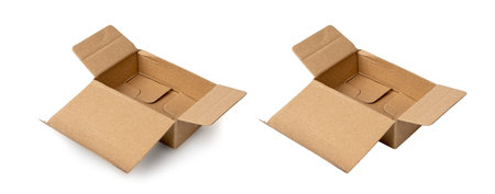 Open Box Isolated, Craft Paper Delivery Package, Old Carton Packaging, Used Cardboard Box on White Backgroundの写真素材