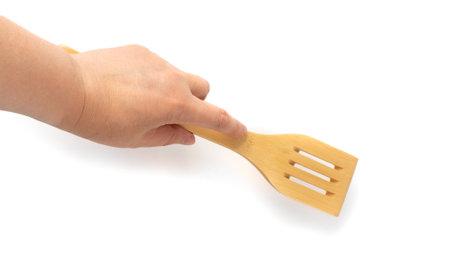 Wooden Spatula Isolated, Natural Bamboo Kitchenware, Wood Cook Equipment, New Craft Culinary Spatula on White Backgroundの写真素材